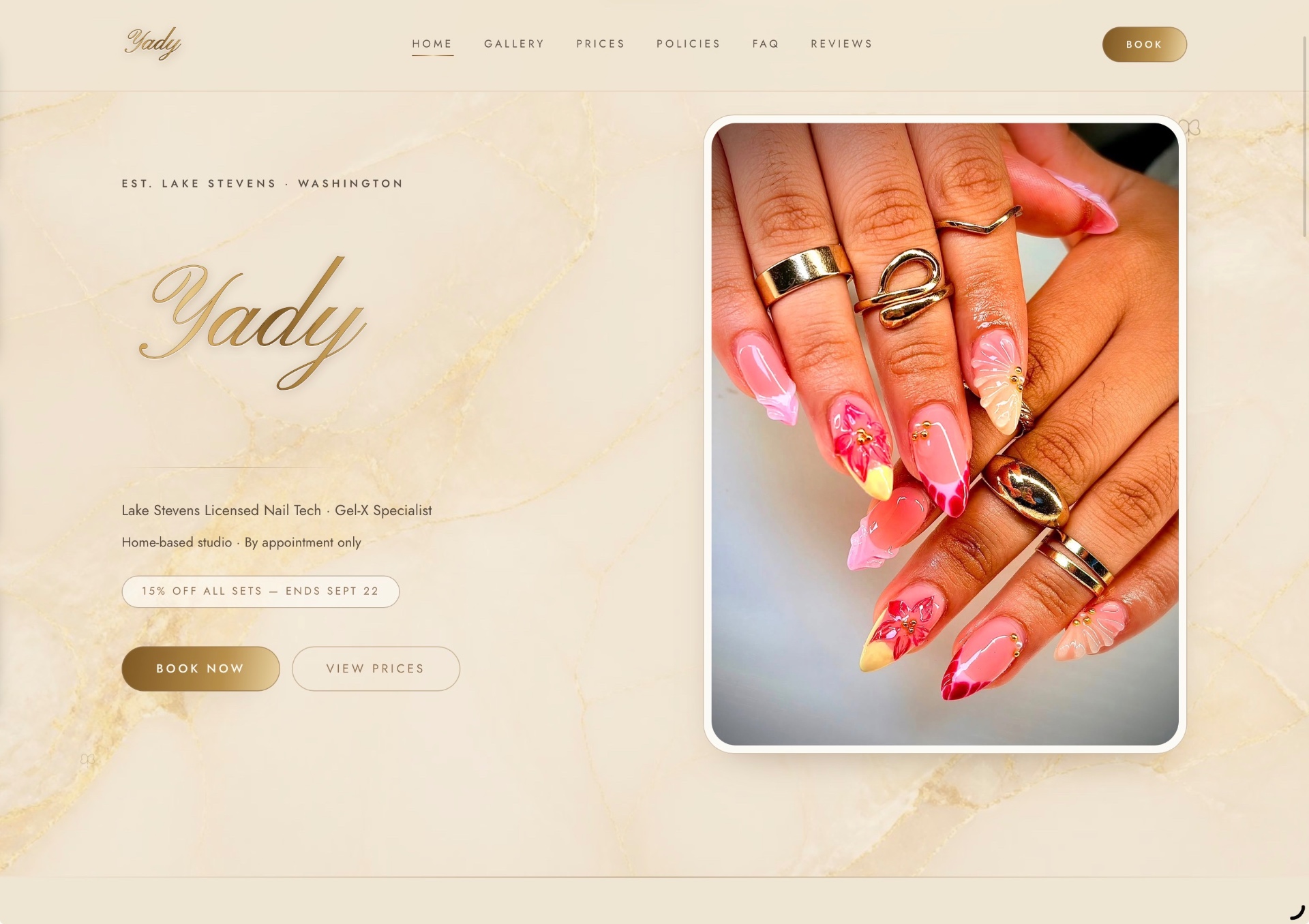 Yady's Nails website built by StudioJems, shown on a MacBook