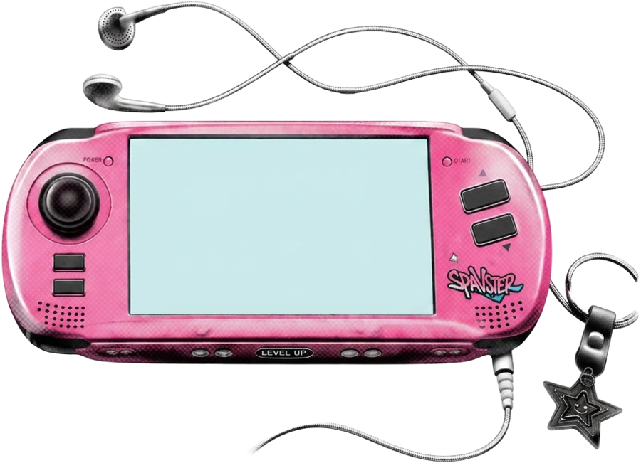 pink handheld game console with star charm