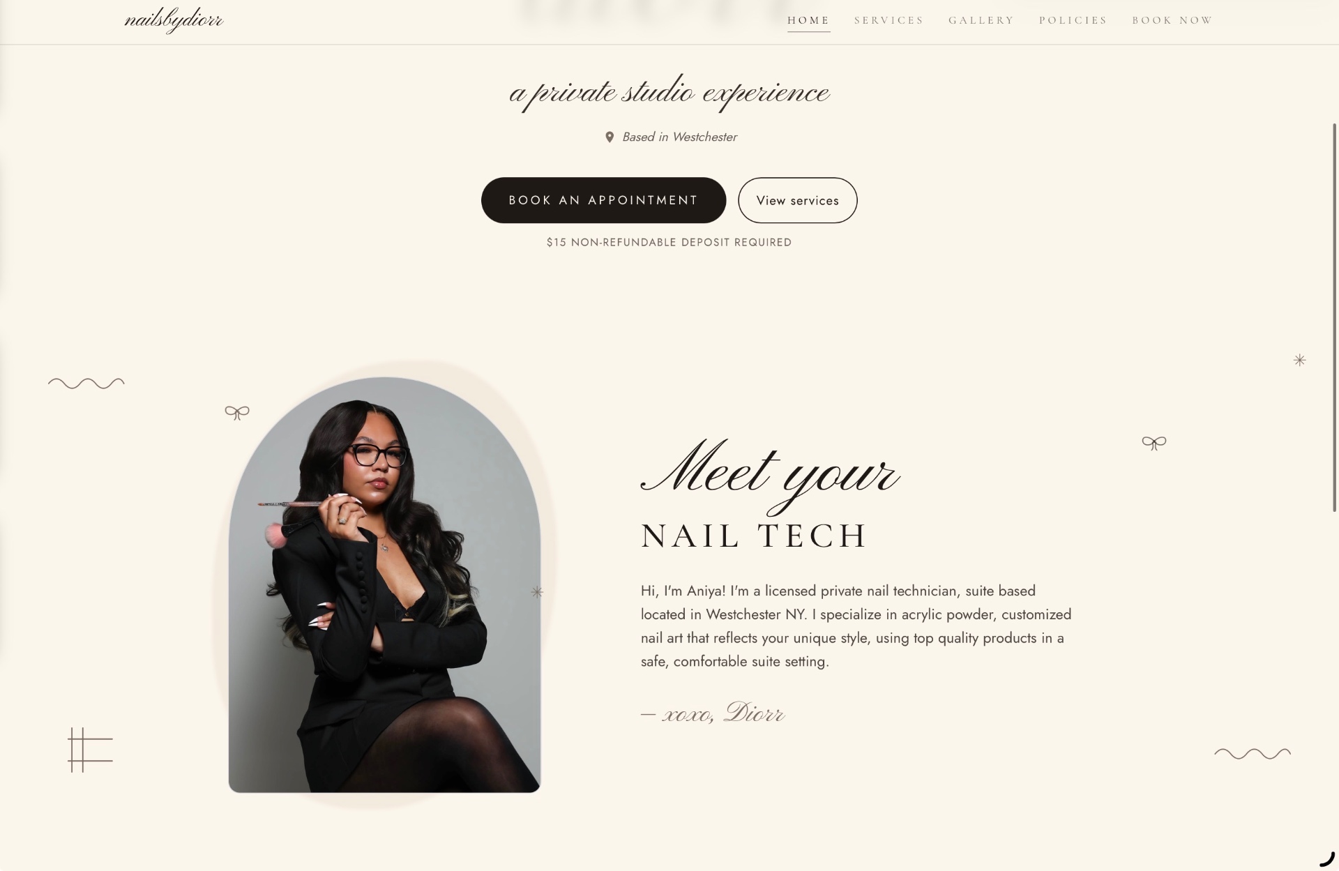 nailsbydiorr website built by StudioJems, shown on a MacBook
